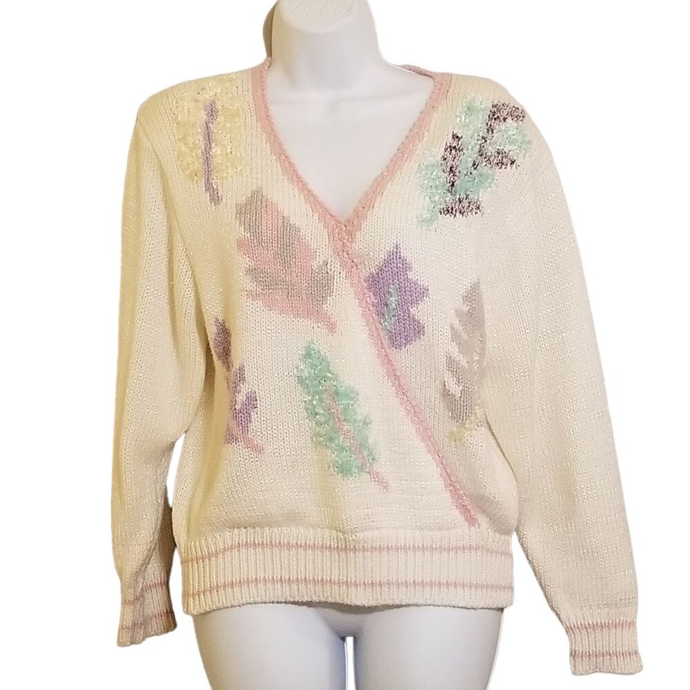 Vintage 80s Womens Sweater M Embellished Leaves Pullover Pastel Cottagecore